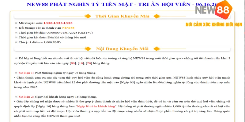 NEW88 Ưu Đãi Ngày Vàng - Tận Hưởng Chiến Thắng Ngập Tràn 2025 2 Nội dung ưu đãi ngày vàng chi tiết